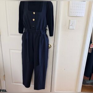Zara Navy Square-Neck Tie-Waist Jumpsuit with Button Detail